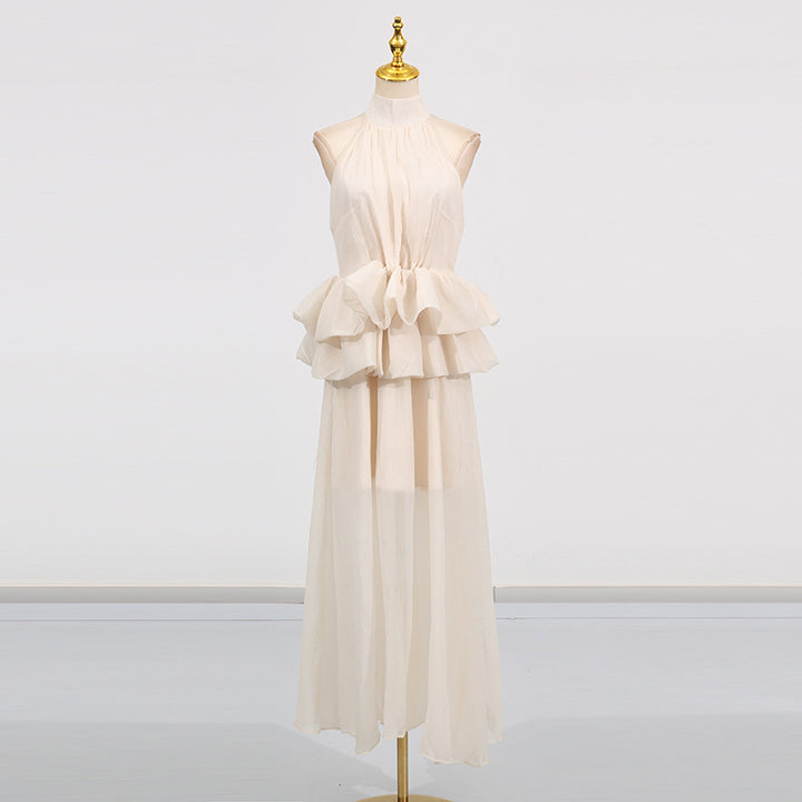 Elegant Wedding Dress High-End Formal Wear Series Women's Summer High Neck Sleeveless Waist Ruffle Long Skirt Dress