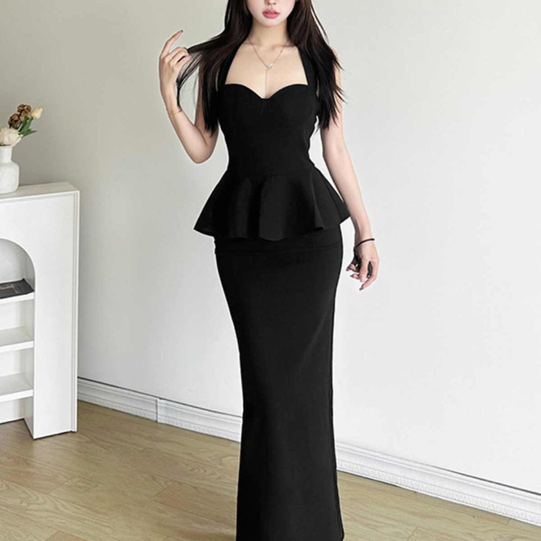 Mysterious Girl Elegant Secretary Style Pure Desire Black Strapless Dress for Women, Umbrella Hem Fitted Waist Cinched Bodycon Long Dress