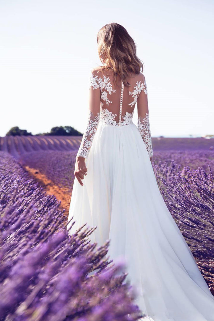 Style Long Sleeve Sheer Lace Wedding Bridesmaid Dress Slit Long Skirt