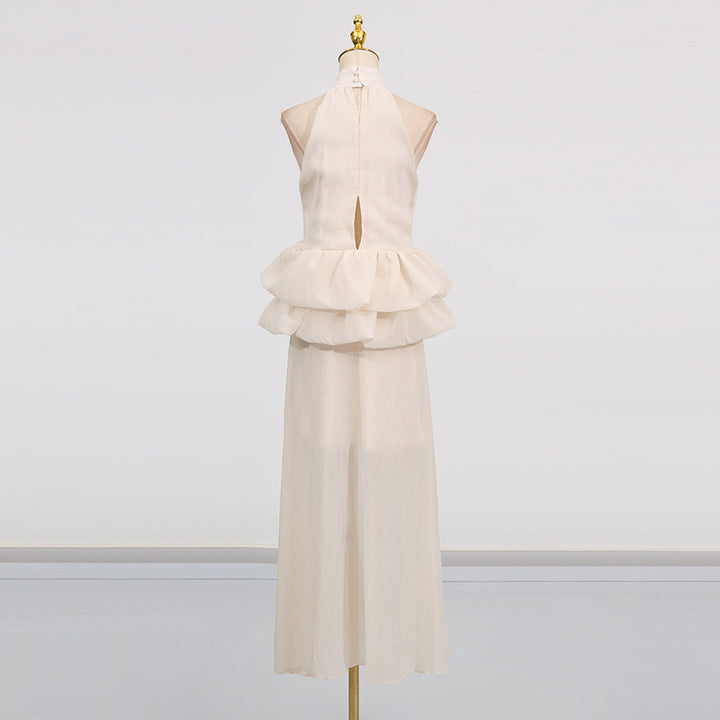 Elegant Wedding Dress High-End Formal Wear Series Women's Summer High Neck Sleeveless Waist Ruffle Long Skirt Dress