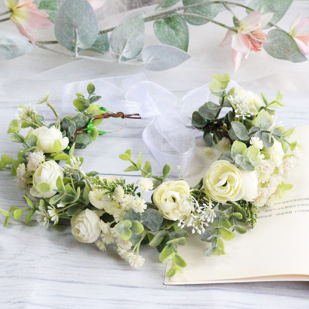 Forest style curled edge rose headband, simulated starry sky, eucalyptus wreath, bride's wedding dress, photography, headwear