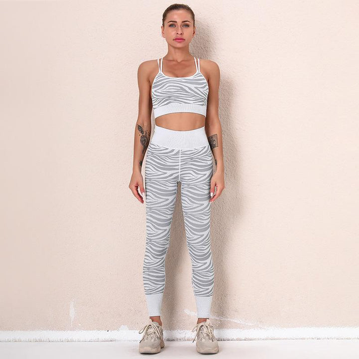 Sexy Striped Knitted Yoga Wear Fitness Running Hip Lifting Leggings Seamless Sportswear Two Piece Suit
