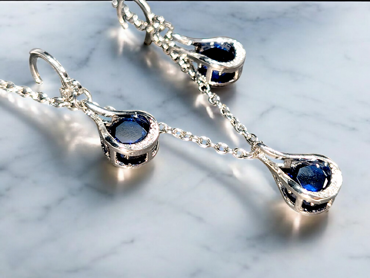 Silver Blue Round Necklace Earring Set