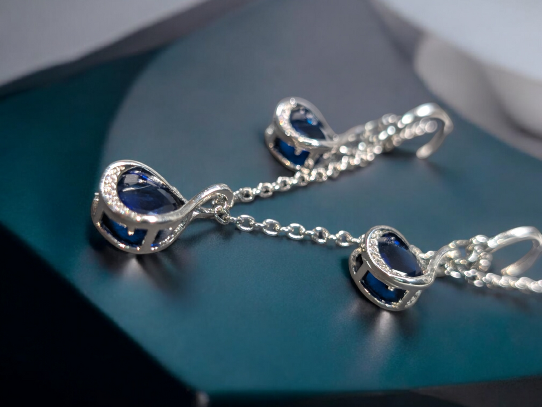 Silver Blue Round Necklace Earring Set