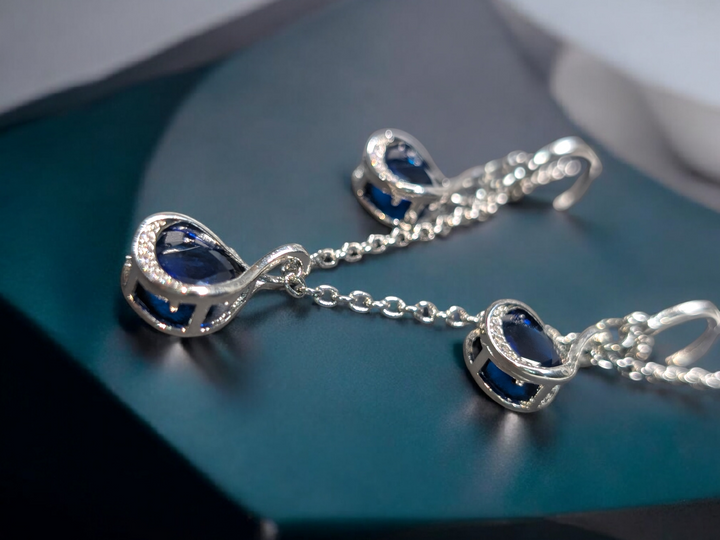 Silver Blue Round Necklace Earring Set