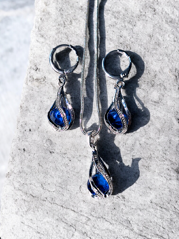 Silver Blue Drop Necklace Earring Set