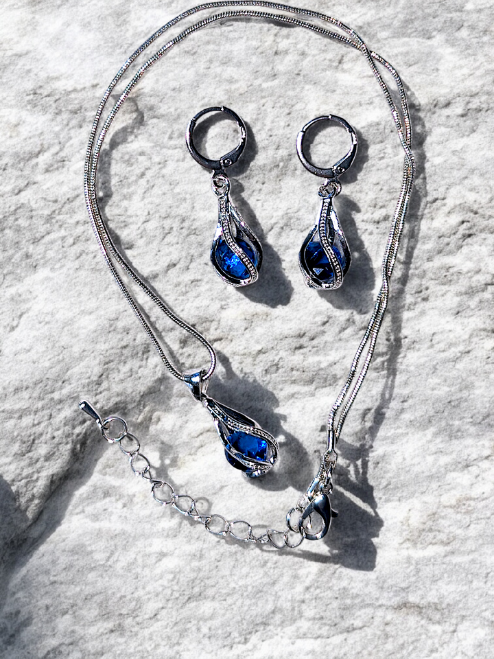 Silver Blue Drop Necklace Earring Set