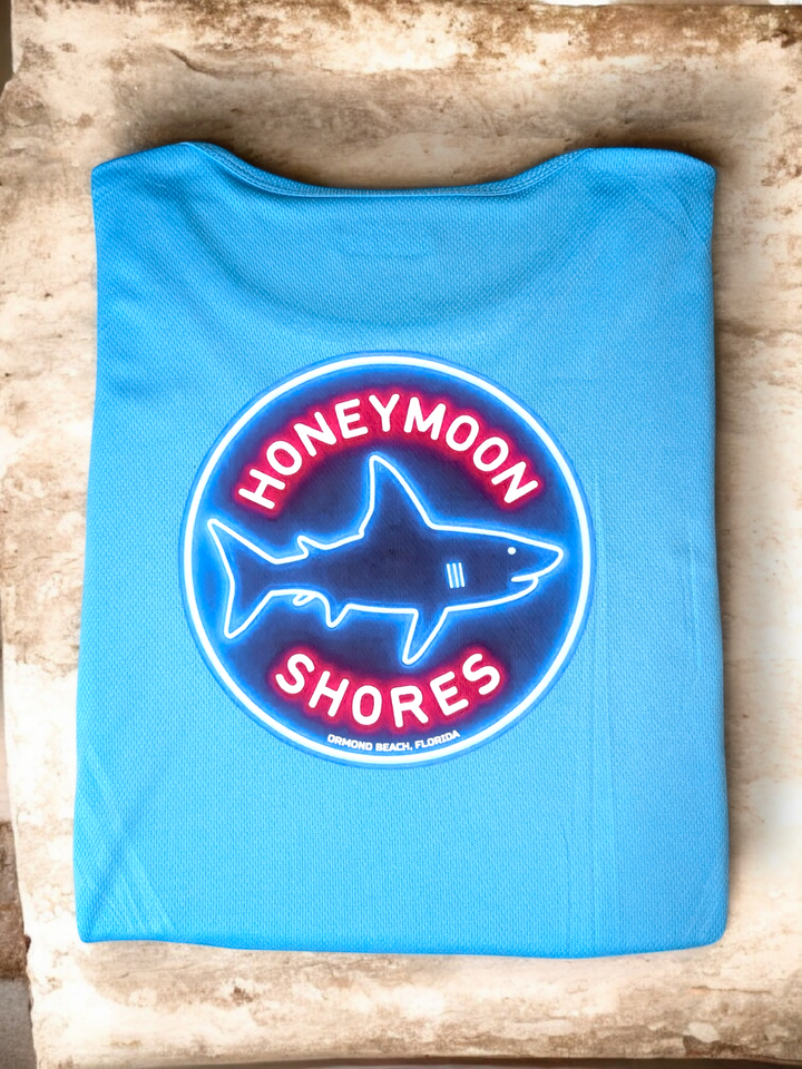Honeymoon Shores Kids Graphic T-Shirt - Shark Neon Tee Ocean Animals Boys Girls Beach Shirt