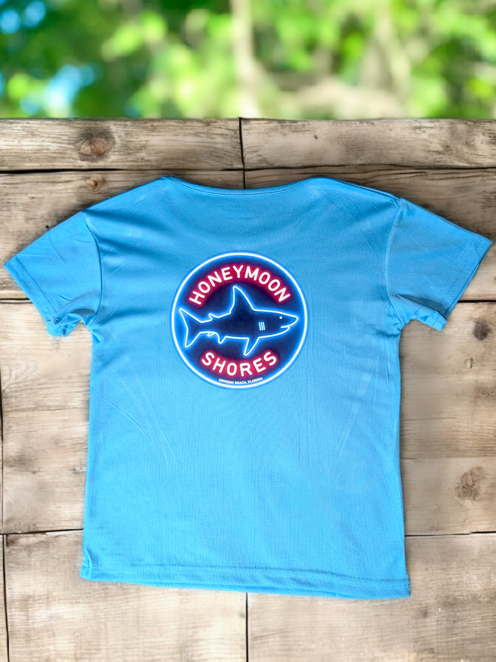Honeymoon Shores Kids Graphic T-Shirt - Shark Neon Tee Ocean Animals Boys Girls Beach Shirt