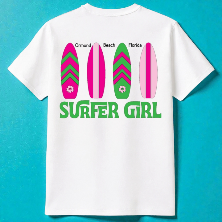Honeymoon Shores Trendy Surfer Girl Summer T-Shirt - Ormond Beach Florida