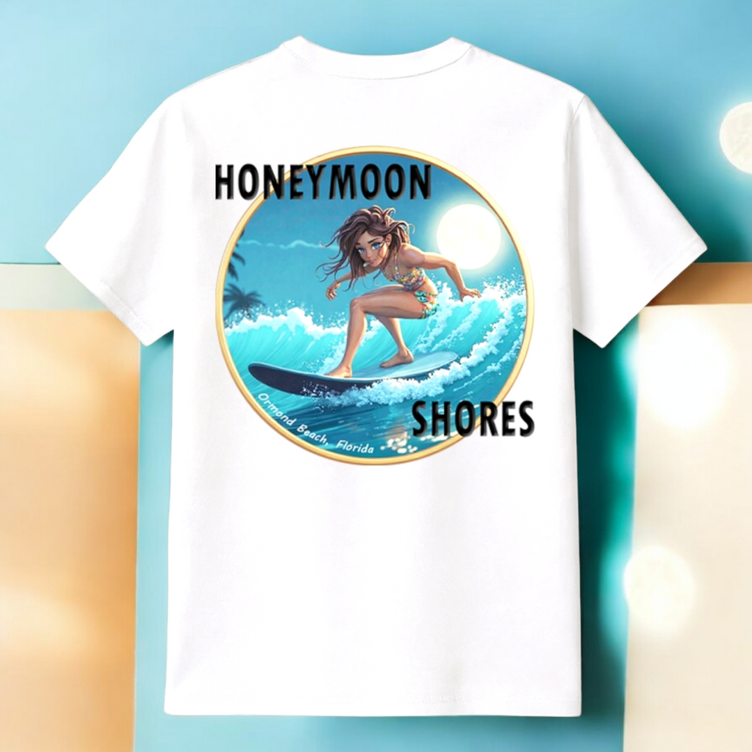 Honeymoon Shores Surf Girl Trendy Summer T-Shirt - Ormond Beach Florida