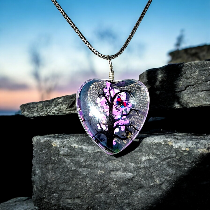 Clear Heart Resin (1inch/25mm) Necklace with Floral Design Inside
