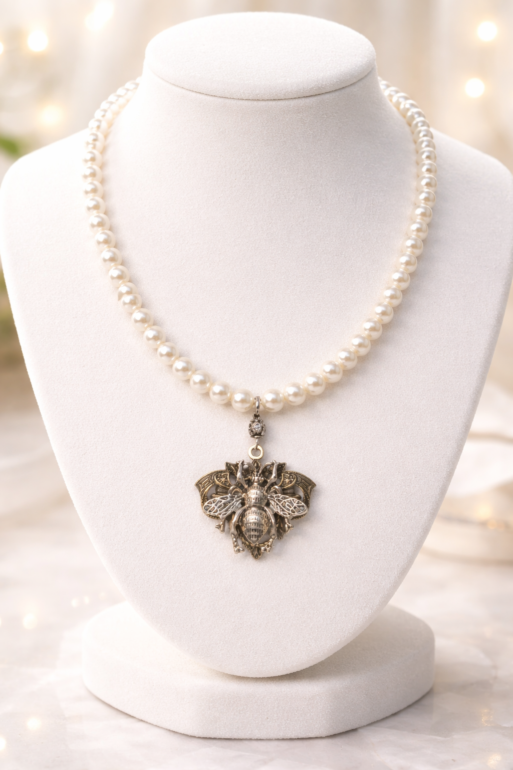 Elegant Pearl Necklace with Vintage Bee Pendant – Women’s Statement Jewelry | Honeymoon by Hilda