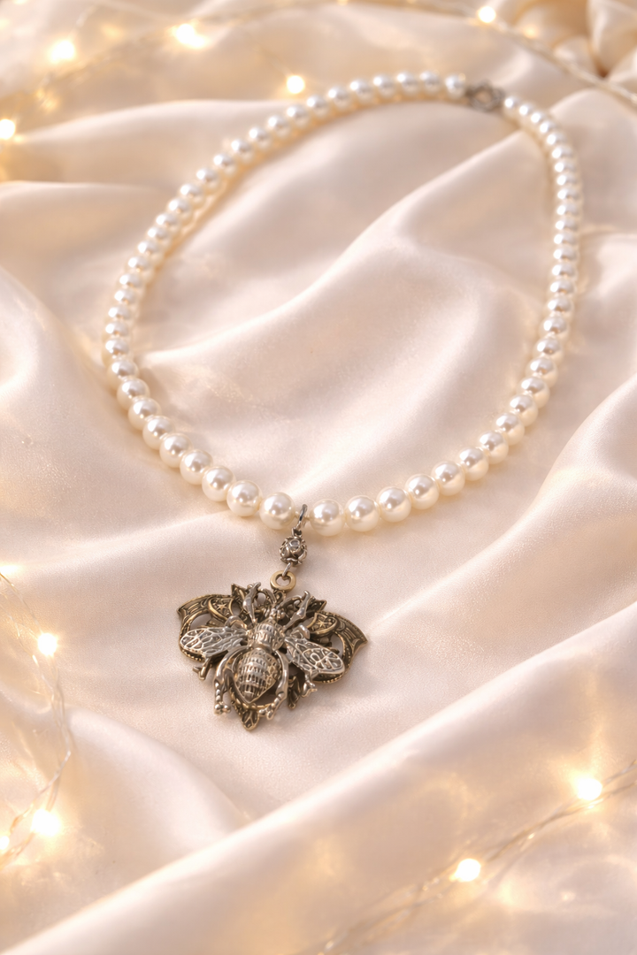 Elegant Pearl Necklace with Vintage Bee Pendant – Women’s Statement Jewelry | Honeymoon by Hilda