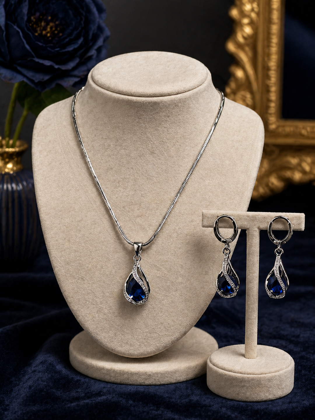Silver Blue Drop Necklace Earring Set