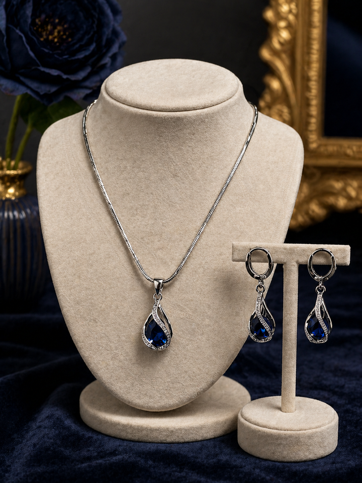 Silver Blue Drop Necklace Earring Set