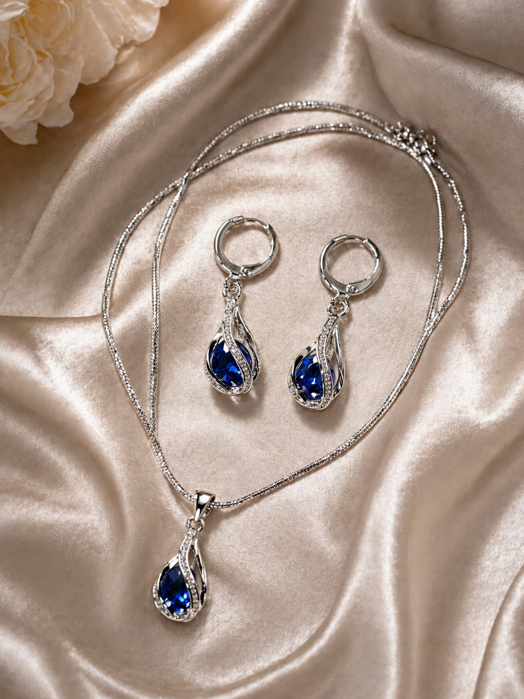 Silver Blue Drop Necklace Earring Set