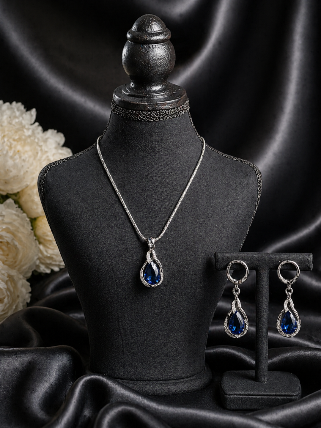 Silver Blue Drop Necklace Earring Set
