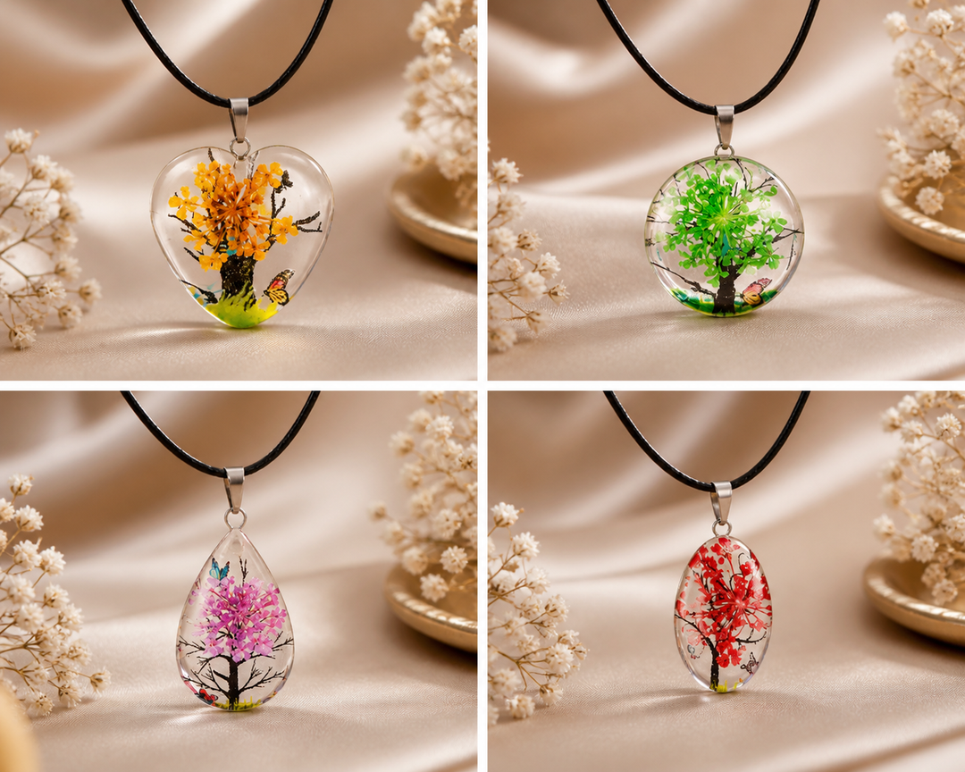 Clear Tear Drop Resin (0.7inch/18mm) Necklace with Floral Design Inside