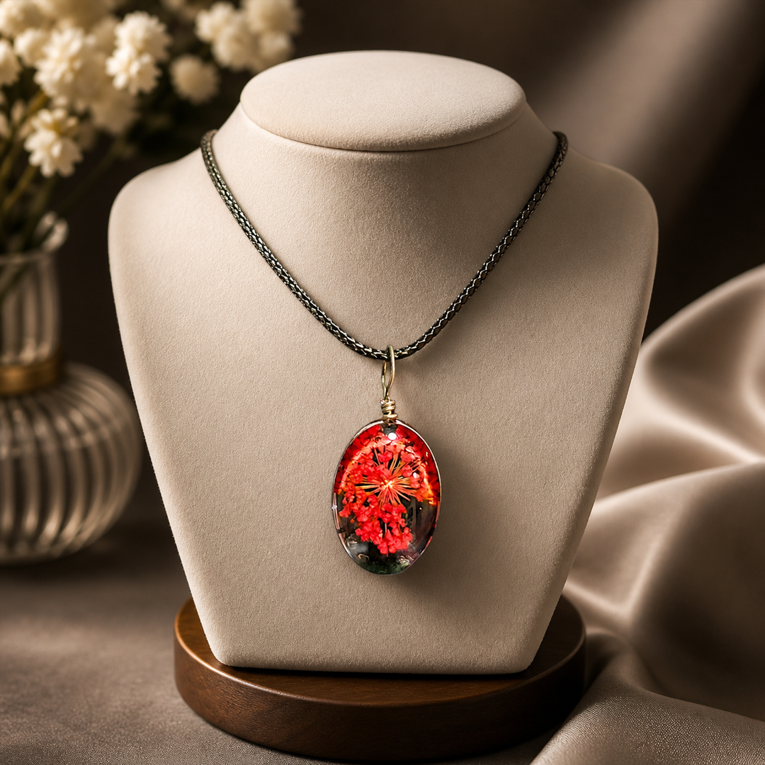 Clear Oval Resin (0.5inch/13mm) Necklace with Floral Design Inside