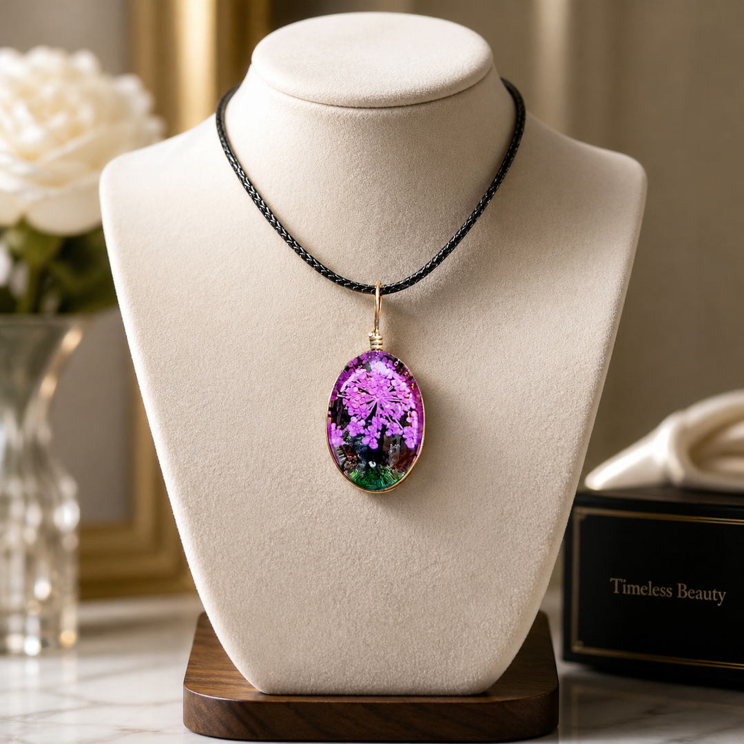 Clear Oval Resin (0.5inch/13mm) Necklace with Floral Design Inside