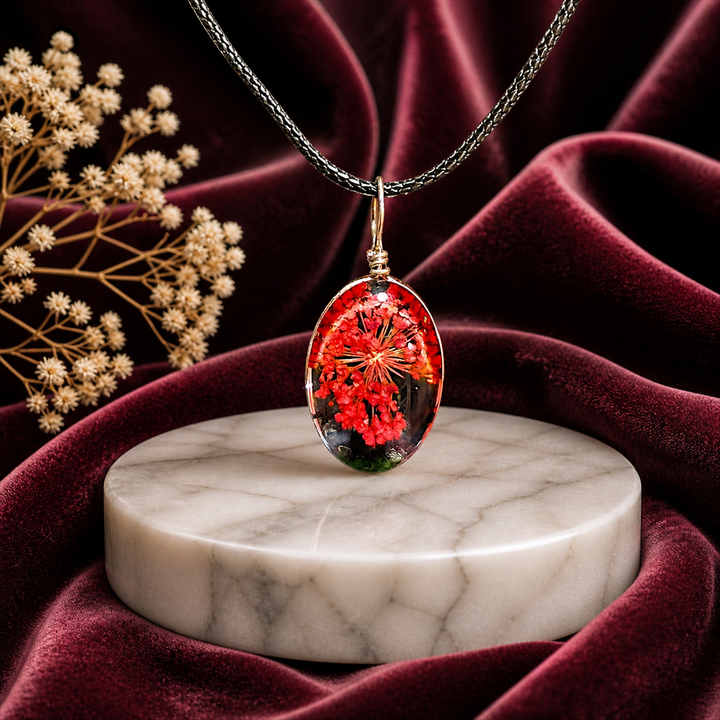 Clear Oval Resin (0.5inch/13mm) Necklace with Floral Design Inside