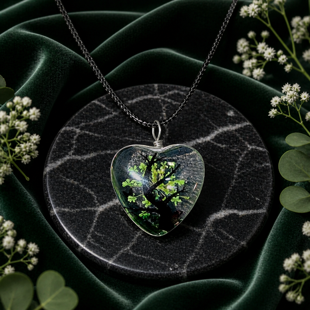 Clear Heart Resin (1inch/25mm) Necklace with Floral Design Inside