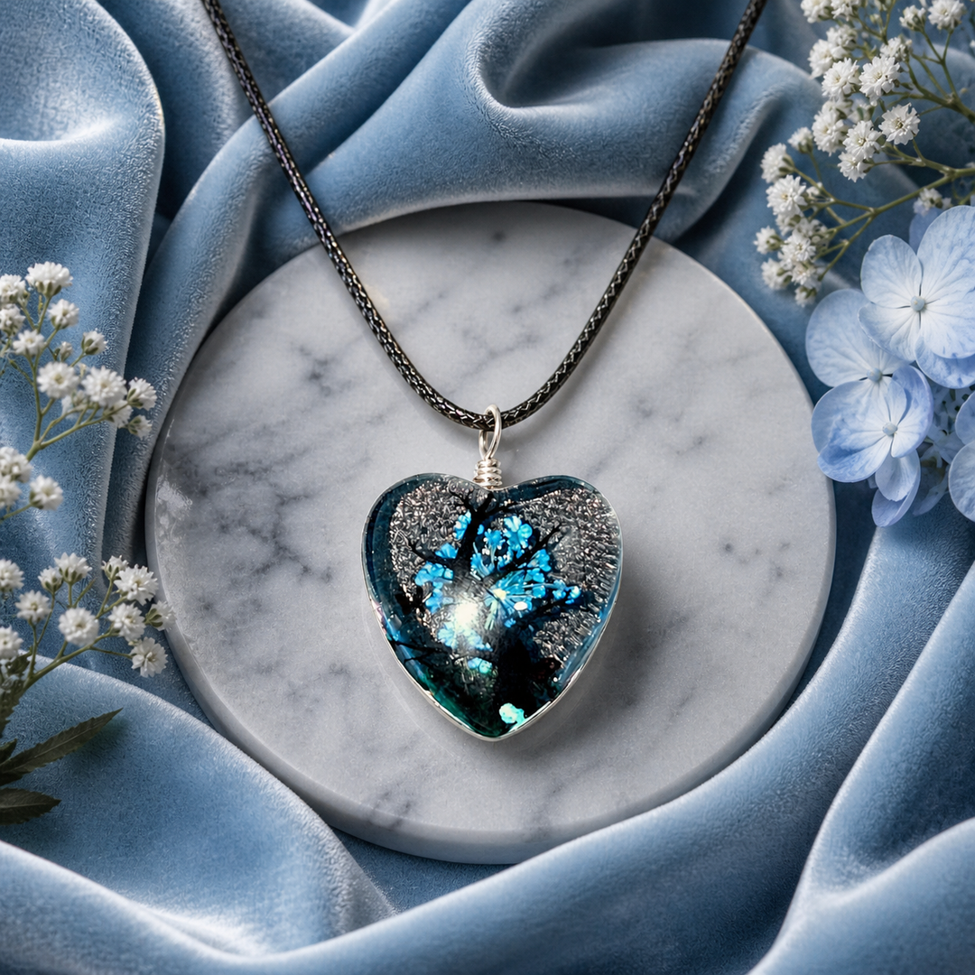 Clear Heart Resin (1inch/25mm) Necklace with Floral Design Inside