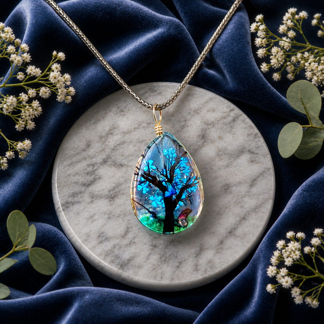 Clear Tear Drop Resin (0.7inch/18mm) Necklace with Floral Design Inside