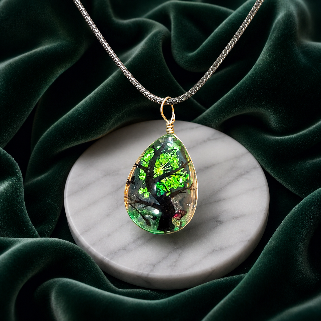 Clear Tear Drop Resin (0.7inch/18mm) Necklace with Floral Design Inside