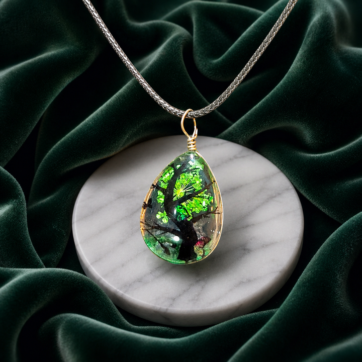 Clear Tear Drop Resin (0.7inch/18mm) Necklace with Floral Design Inside