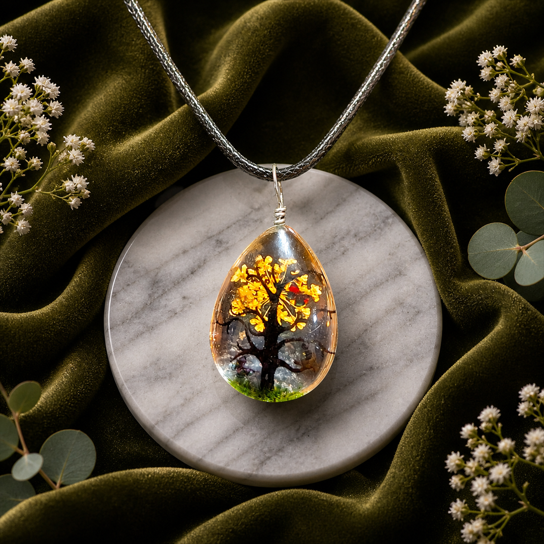 Clear Tear Drop Resin (0.7inch/18mm) Necklace with Floral Design Inside