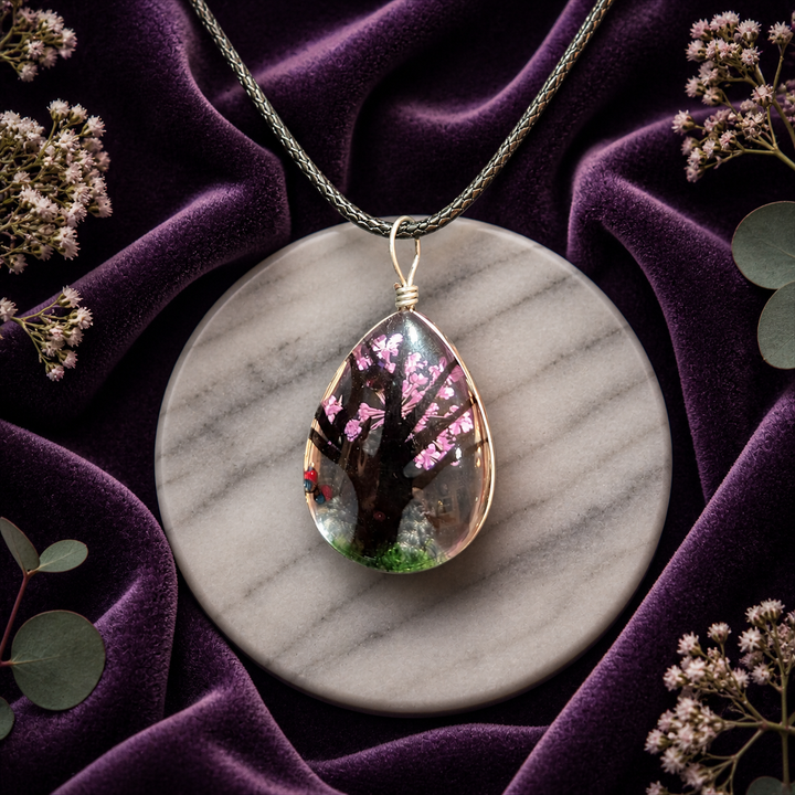 Clear Tear Drop Resin (0.7inch/18mm) Necklace with Floral Design Inside