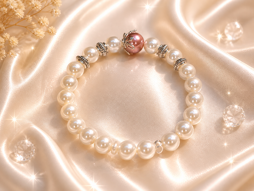 Peach orange flower pearl bracelet with floral charm and elegant beads adjustable bracelet for women