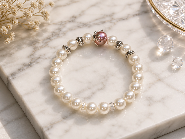 Peach orange flower pearl bracelet with floral charm and elegant beads adjustable bracelet for women