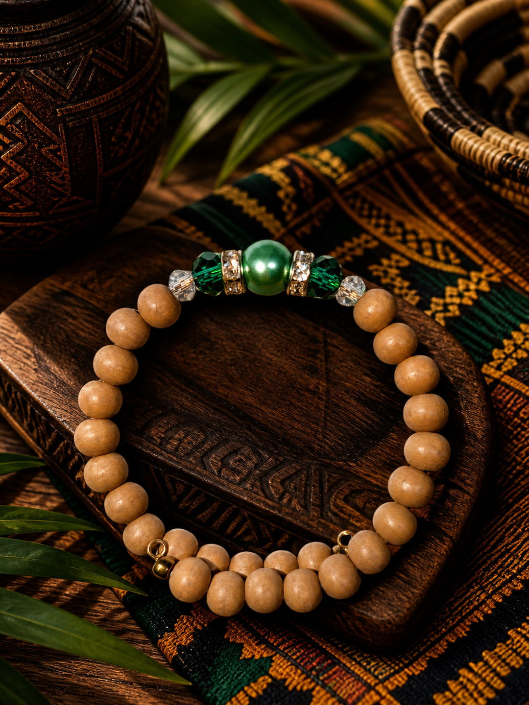 Forest Florist Bracelet with green beads and natural wood beads adjustable memory wire bracelet