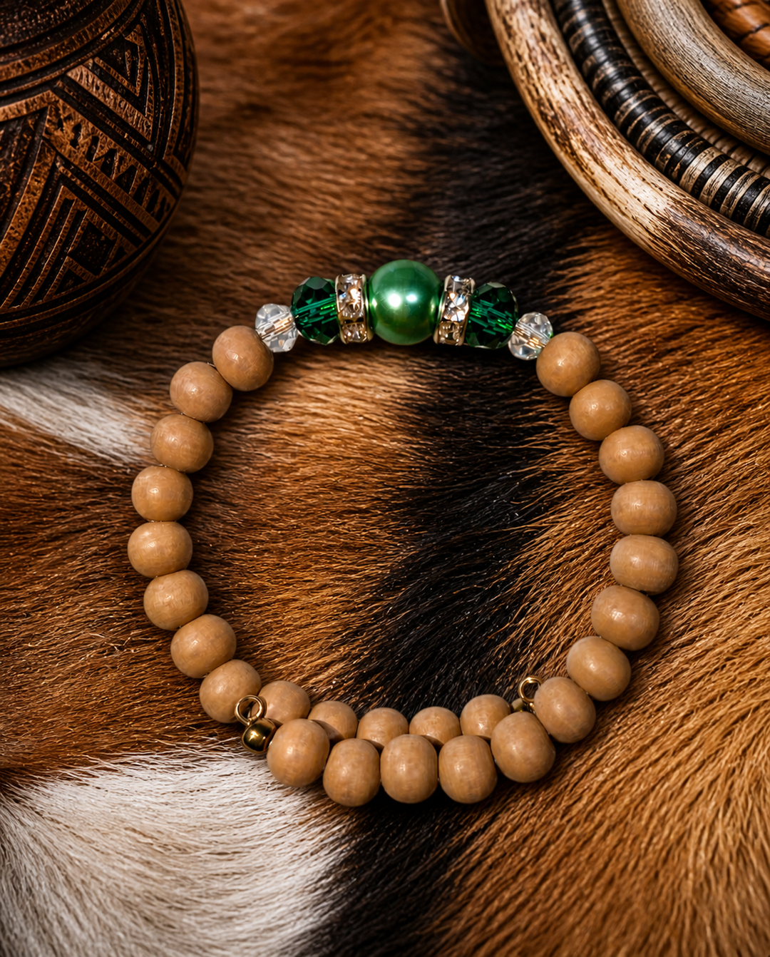 Forest Florist Bracelet with green beads and natural wood beads adjustable memory wire bracelet