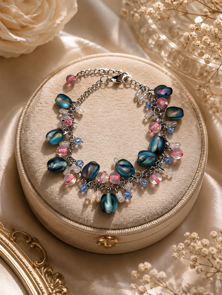 Sweet Valley Charm Bracelet with glass beads and adjustable stainless steel chain for women