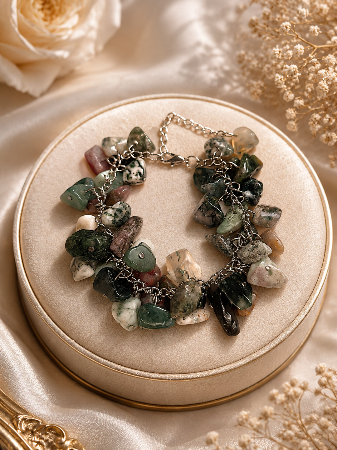 Green Forest Charm Bracelet with agate stones and adjustable stainless steel chain for women