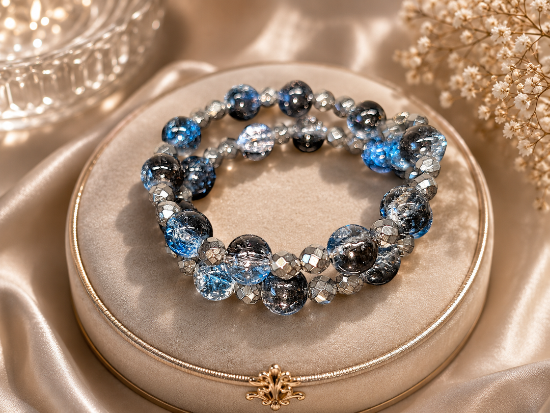 Viscountess Bracelet with blue and black glass and hematite beads adjustable memory wire bracelet