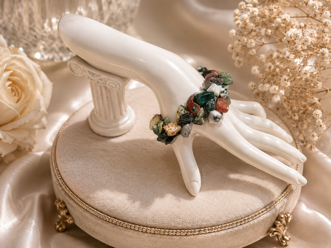 Green Forest Charm Bracelet with agate stones and adjustable stainless steel chain for women