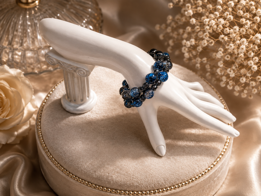 Viscountess Bracelet with blue and black glass and hematite beads adjustable memory wire bracelet