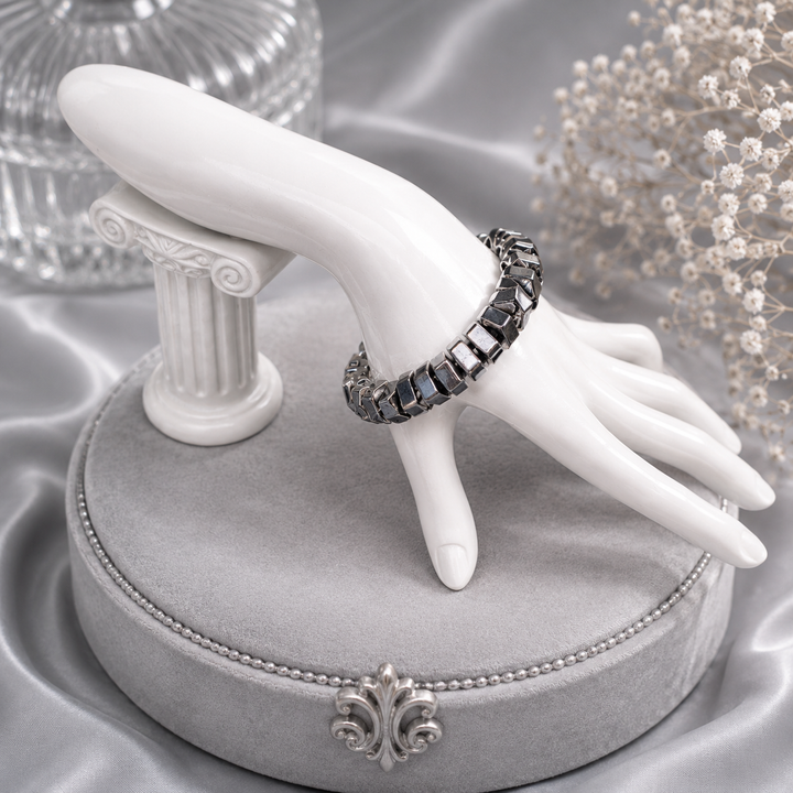 Armor Ignite Bracelet with silver hematite beads adjustable memory wire bracelet