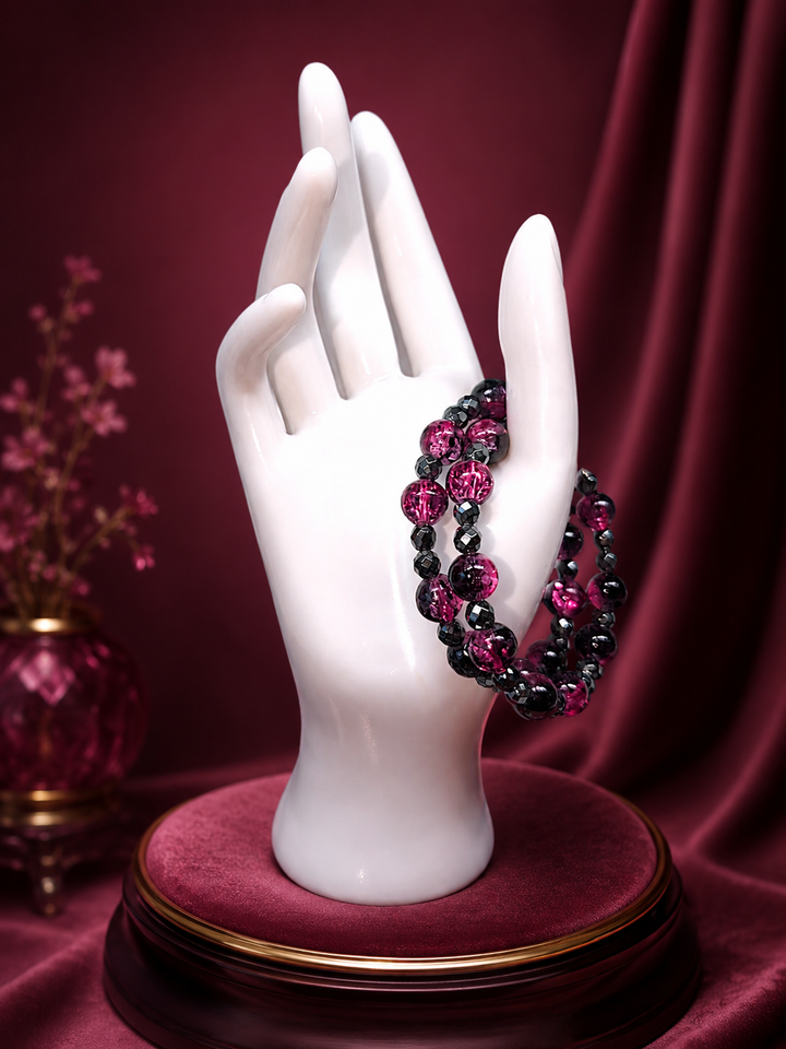 Marchioness Bracelet with pink and black glass and hematite beads adjustable memory wire bracelet