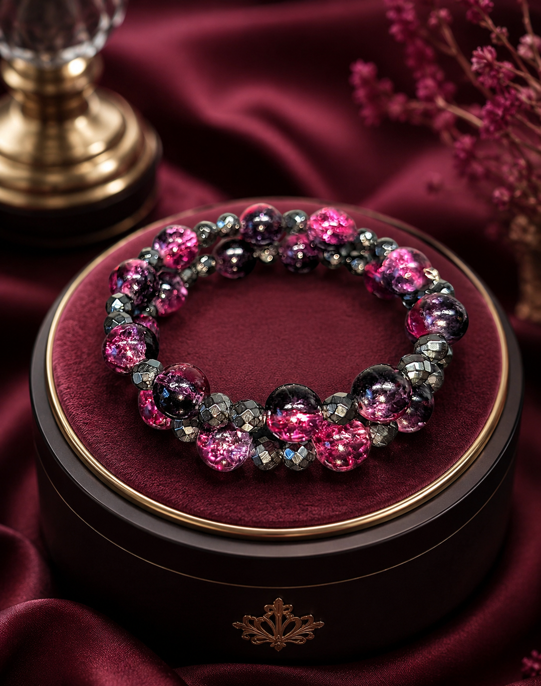 Marchioness Bracelet with pink and black glass and hematite beads adjustable memory wire bracelet