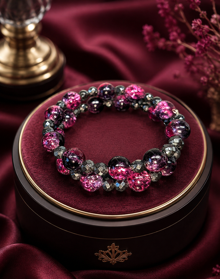 Marchioness Bracelet with pink and black glass and hematite beads adjustable memory wire bracelet