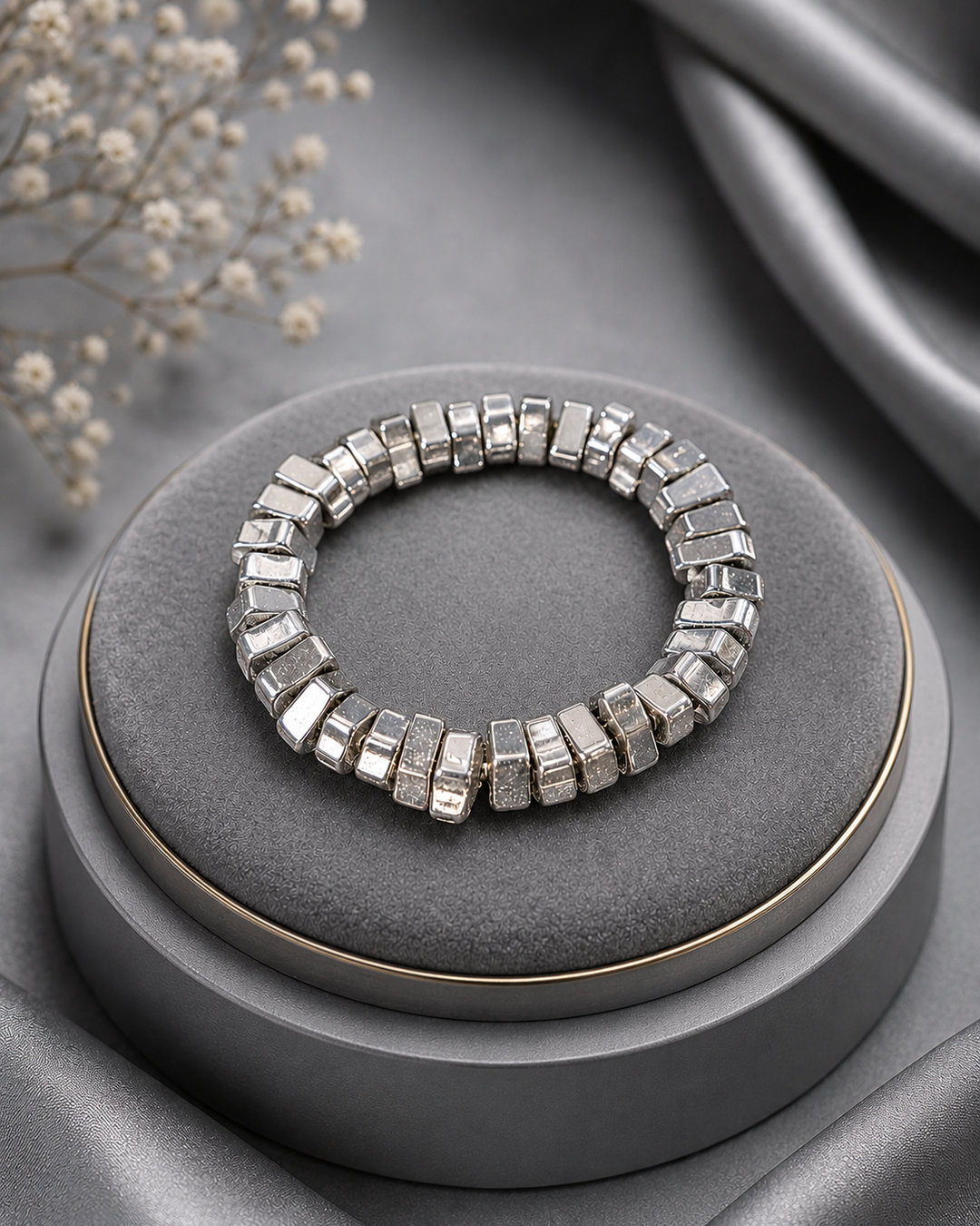 Armor Ignite Bracelet with silver hematite beads adjustable memory wire bracelet