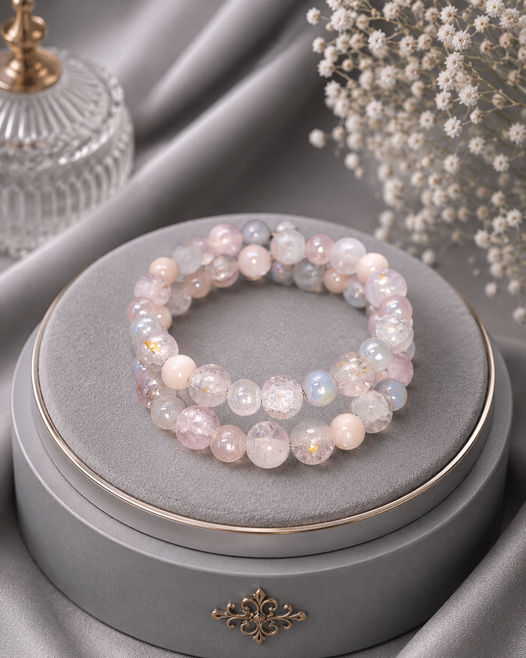 Princess Bracelet with pastel pink, purple and clear glass beads with gold accents adjustable memory wire bracelet