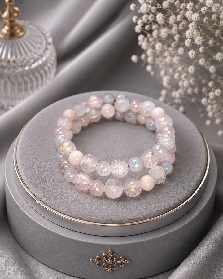 Princess Bracelet with pastel pink, purple and clear glass beads with gold accents adjustable memory wire bracelet