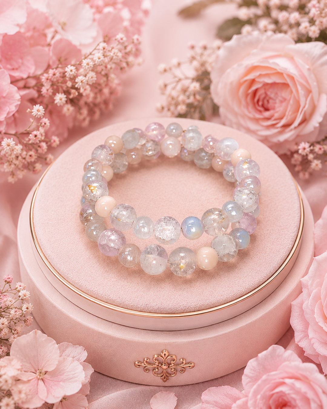 Princess Bracelet with pastel pink, purple and clear glass beads with gold accents adjustable memory wire bracelet